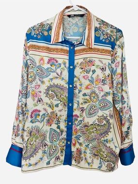 Zara Paisley Button-Up Blouse in Cream, Blue & Yellow